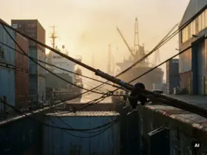 Eine schwere Eisenklemme, die ein geflochtenes Stahlseil verstärkt, das Frachtschiffe und Lagerdocks in einem nebligen Hafen zur goldenen Stunde verbindet.