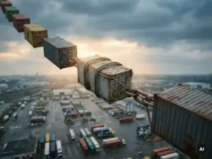 Luftaufnahme von miteinander verbundenen Frachtcontainern, die über einem Logistikzentrum schweben; eine Verbindung ist mit einem dicken Stahlseil verstärkt; in gedämpften Blau- und Bernsteintönen.
