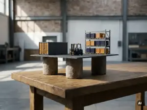 Three stone columns supporting a flat platform on an oak table, surrounded by miniature cargo container, forklift, and warehouse rack models.