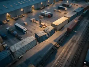 Luftaufnahme von miteinander verbundenen Frachtcontainern in einem Logistikzentrum; ein Verbindungselement steht unter Belastung, dramatisches Streiflicht wirft lange Schatten.