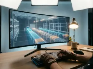 Ein Entwickler tippt auf einer mechanischen Tastatur, während auf dem Monitor ein 3D-Drahtgittermodell des Lagerlayouts mit Förderbandwegen und Lagerregalen zu sehen ist.