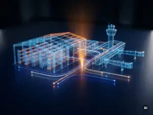 Translucent 3D wireframe model of a warehouse and airport terminal merging, with holographic logistics flow lines in navy and ice blue with orange accent lighting.