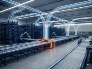 Modernes Innere eines Distributionslagers mit automatisierten Förderbändern, durchscheinenden Förderlinien an der Decke und einem orange hervorgehobenen Engpassknoten in Marineblau- und Stahltönen.