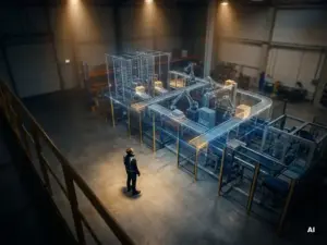 Engineer examining a glowing digital twin of a warehouse automation system with conveyors and robotic sorters hovering above the factory floor.