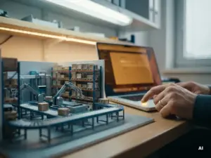 Engineer's hand over laptop trackpad beside a miniature warehouse model with conveyor belts, shelving racks, and automated sorting systems.