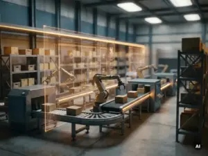 Autonome Roboterarme und Förderbänder in einem modernen Lagerhaus, überlagert von einem leuchtenden Bauplan und mit warmer, bernsteinfarbener Akzentbeleuchtung.