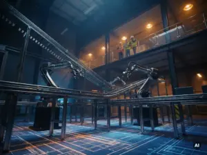 Automatisierte Lagerhalle mit robotergesteuerten Sortierarmen und Förderbändern auf einem leuchtenden Boden in Form eines Bauplans, während Ingenieure von einem gläsernen Zwischengeschoss aus zuschauen.