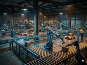 Lagerautomatisierungssysteme mit Förderbändern, Roboterarmen und autonomen Fahrzeugen, die unter industrieller Deckenbeleuchtung zusammenarbeiten.
