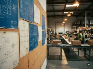 Warehouse split between blueprint schematics on a corkboard and a live operational floor with conveyor belts, contrasting steel blue and amber tones.