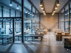Ein Miniaturlager mit Förderbändern und Roboterarmen, überlagert von einer leuchtenden, durchscheinenden Blaupause, auf der sich unter industriellen Deckenleuchten stahlblaue und bernsteinfarbene Töne vermischen.