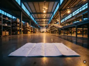 Architectural blueprint on polished concrete warehouse floor with metal shelving racks and conveyor systems stretching into the background.