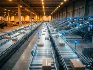 Automated warehouse conveyor system with branching sortation lanes and blue digital twin overlay tracking parcel paths under amber ceiling lights.