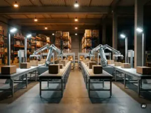 Automated conveyor system with sorting arms moving cardboard boxes through a modern warehouse under amber industrial lighting.