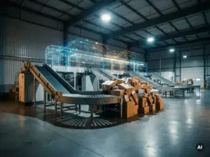 Warehouse conveyor belt jammed with stacked parcels, digital twin flow-path overlay hovering above in steel-blue and amber industrial lighting.