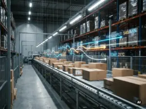 Cardboard boxes moving along a high-speed warehouse conveyor belt with a translucent digital twin overlay displaying real-time flow metrics.