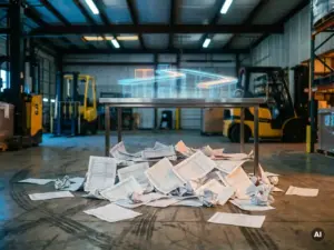 Tangled printed spreadsheets scattered on a warehouse floor beneath a holographic conveyor system scale model on a steel worktable.