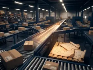 Warehouse conveyor belts branching in multiple directions, one route glowing amber to indicate optimized parcel flow beside yellowing paper floor plans.