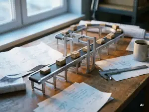 Maßstabsgetreues Modell einer Lagerförderstrecke auf dem Schreibtisch eines Ingenieurs neben technischen Datenblättern und Präzisionsmessschiebern.