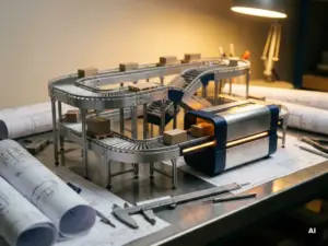 Scale model of a warehouse conveyor system with one upgraded component, surrounded by engineering blueprints and calipers on a steel workbench.
