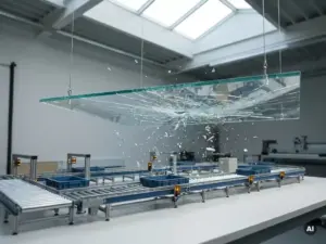 Eine zerbrochene Glasscheibe zersplittert in der Luft über einem detailgetreuen Modell einer Lagerhaus-Förderanlage; stahlblaue und bernsteinfarbene Töne, scharfer Fokus auf die Bruchstelle.