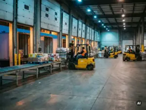 Cross-docking warehouse bay with pallets moving from inbound conveyor directly to outbound trucks through open loading dock doors, forklifts in motion.