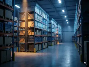 Automated warehouse shelving system with a translucent blue digital twin overlay hovering above physical inventory rows, lit by a single amber accent light.