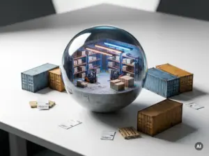Miniature warehouse interior glowing inside a glass sphere on a white desk, surrounded by shipping containers and logistics labels in steel blue and amber.