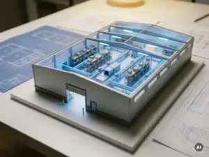 Ein digitales Zwilling-Modell eines Miniaturlagers auf einem Konstrukteursschreibtisch, mit winzigen Förderbändern, Lagerregalen und einem sanften blauen Umgebungslicht inmitten von technischen Zeichnungen.