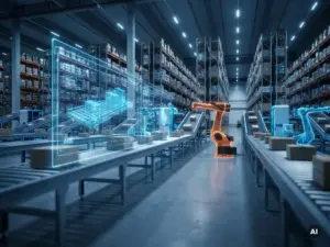 Autonome Roboter-Sortierarme und Fördersysteme in einem modernen Distributionszentrum, über dem Lagerbereich ein blauer Digital Twin eingeblendet ist.