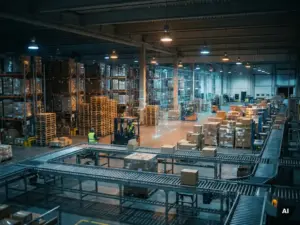 Busy warehouse with conveyor belts, stacked pallets, and forklifts overlaid with a translucent digital twin simulation under dramatic industrial lighting.