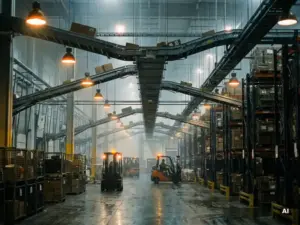 Lager- und Verteilzentrum mit verzweigten Förderbändern, auf denen Pakete transportiert werden, und Gabelstaplern, die unter warmer, bernsteinfarbener Industriebeleuchtung durch die Gänge der Stahlregale fahren.