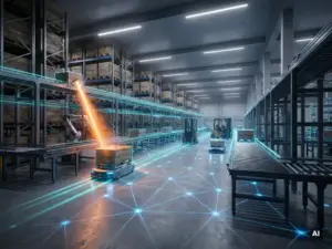 Fotorealistischer Logistik-Verteilzentrum mit leuchtenden digitalen Frachtrouten-Überlagerungen, die die Wege zwischen Regaltürmen und Fördersystemen nachzeichnen.