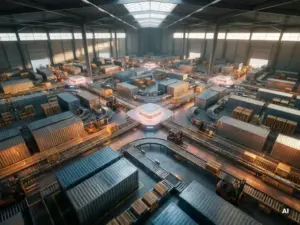 Aerial view of a vast distribution warehouse with interconnected shipping containers, cargo pallets, and conveyor paths converging at four glowing hub nodes.