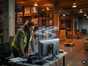 Ein Logistikingenieur betrachtet auf einem großen Monitor an einer Lagerleitstelle eine 3D-Simulation eines Fördersystems, im Hintergrund sind automatische Sortieranlagen zu sehen.