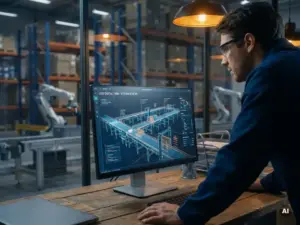 Warehouse engineer monitoring a digital twin of a conveyor belt system on a glowing screen, with robotic sorters visible through a glass window behind.