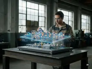 Ein Lagertechniker begutachtet einen holografischen digitalen Zwilling eines Fulfillment-Centers mit Miniatur-Förderbändern und Roboter-Sortierern über einem physischen maßstabsgetreuen Modell.