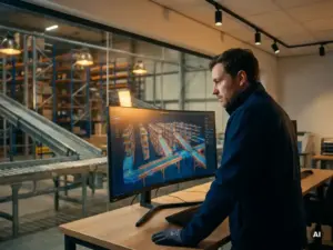 Warehouse engineer analyzing a glowing digital twin of a fulfillment center on a monitor, with real conveyor belts and shelving visible behind glass.