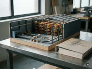Architectural scale model of a warehouse interior with miniature conveyor belts and racking beside an ERP planning binder on an industrial steel desk.