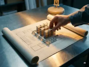 Engineer's hand adjusting a miniature warehouse racking scale model placed over a detailed floor plan blueprint on a steel desk.