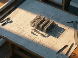 Warehouse floor plan blueprint on drafting table with 3D racking and conveyor scale model, lit by warm golden light from overhead angle.