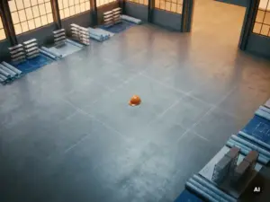 Empty warehouse floor with chalk grid lines, blueprints, shelving scale models at edges, and a hard hat centered under amber industrial lighting.