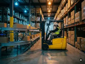 Forklift operator navigating a warehouse aisle beside an autonomous conveyor belt, with towering shelving units stacked with cardboard boxes receding into the distance.