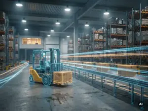 Forklift and conveyor belt mid-operation in a modern warehouse with wireframe motion overlays, towering metal shelving, and steel blue industrial lighting.