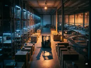 Ein Gabelstapler fährt durch einen schwach beleuchteten Lagergang, der von hoch aufragenden Metallregalen gesäumt ist, auf denen Kartons gestapelt sind – unter dramatischer bernsteinfarbener und blauer Industriebeleuchtung.