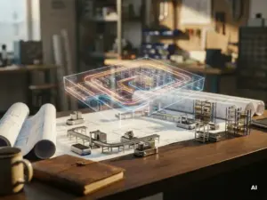 Ein holografischer Lagerraumgrundriss schwebt über dem Schreibtisch eines Ingenieurs, auf dem maßstabsgetreue Modelle des Fördersystems sowie Baupläne in bernsteinfarbenem und blauem Licht zu sehen sind.