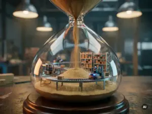 Miniature warehouse conveyor system and automated vehicles inside a giant hourglass with falling sand, shot in steel blue and amber tones.