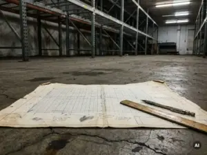 Worn warehouse layout blueprint with pencil markings on concrete floor, ruler and mechanical pencil on top, empty pallet racks in background.