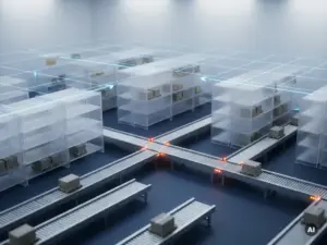 Miniaturmodell eines Lagerlayouts mit Regalreihen und Förderbahnen, blauer holografischer Rasterfolie und orangefarbenen Markierungen, die Engpassbereiche hervorheben.