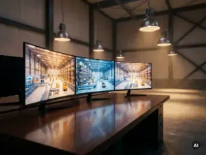 Multiple monitor screens reflecting warehouse layout configurations with conveyor belts and racking systems, bathed in amber and blue light on a polished desk.