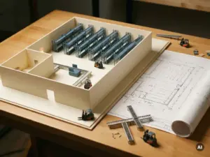 Miniaturmodell eines Lagers auf einem Zeichentisch neben einer technischen Zeichnung, mit winzigen Förderbandteilen und Gabelstapler-Figuren im warmen Studio-Licht.